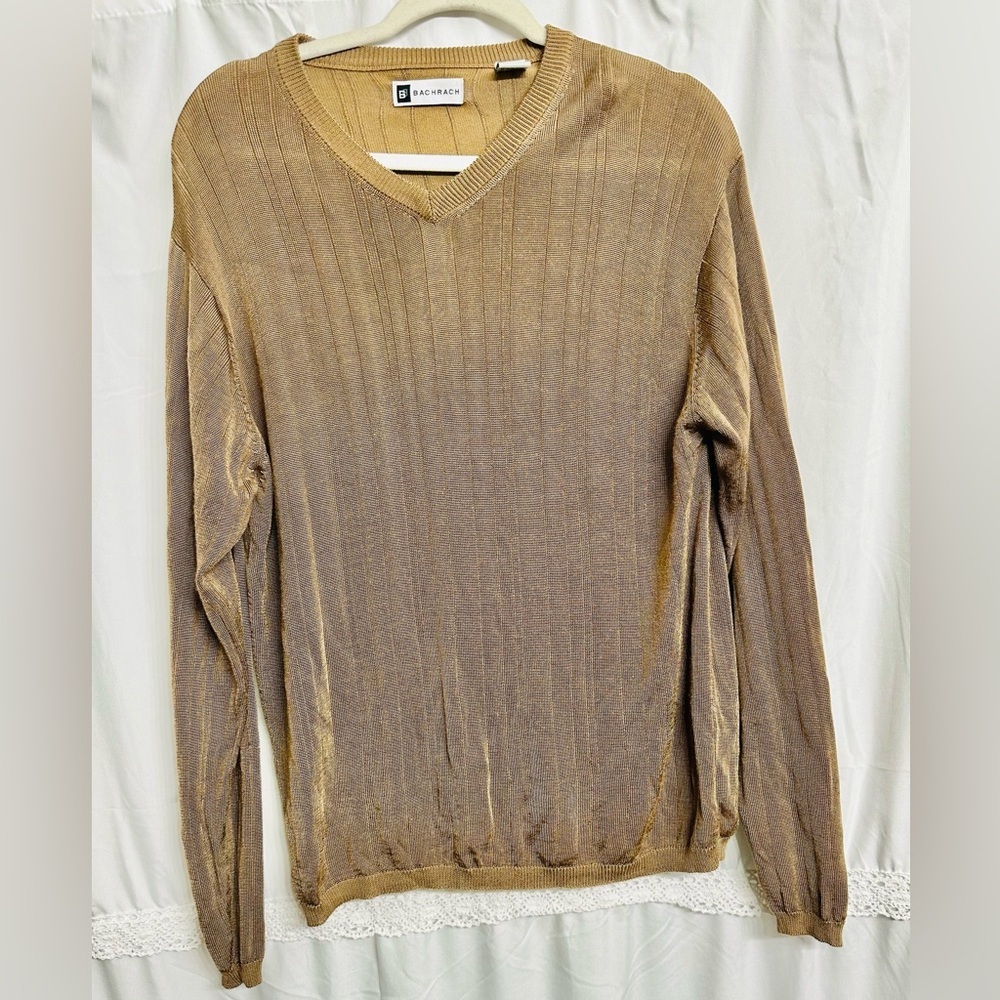 Bachrach Italy Men Y2K Gold Mustard Rayon Pullover Long Sleeve V-Neck Sweater S